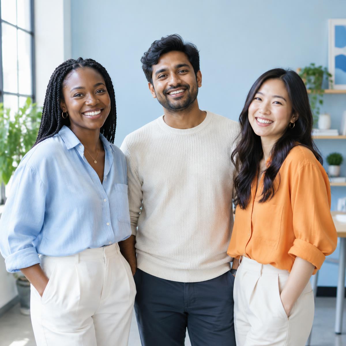 Clovely's three co-founders smiling together in their studio